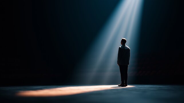 Solitary Man Standing In Spotlight