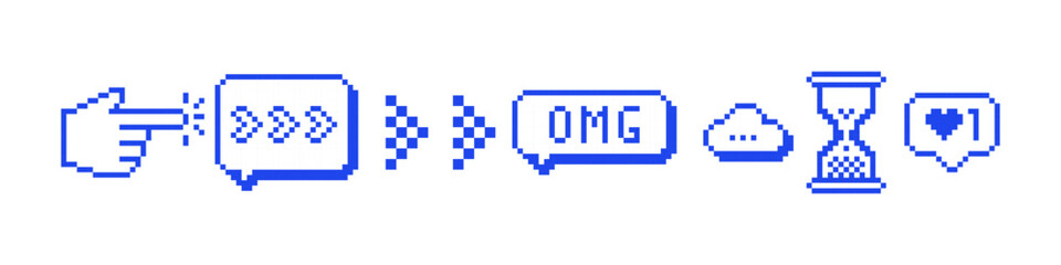 Y2k pixel retro UI blue vector elements. 8 bit game style nostalgic 90s icons. Forefinger pointing icon, speech bubble, phrase Omg, countdown clock, arrows, cloud icon on white background