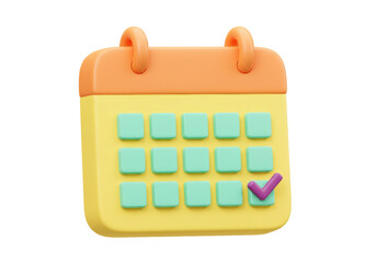 Isolated cartoon-style desk calendar with purple checkmark indicates task is completed. Reminder