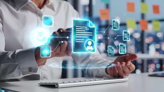 Businesswoman interacts with holographic document management system interface. Digital workflow automation, file organization, verification checkmarks, user profile icons, connected documentation