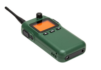 Isolated modern green walkie talkie for outdoor communication and portable radio use