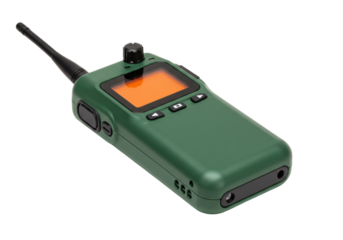Isolated modern green walkie talkie for outdoor communication and portable radio use