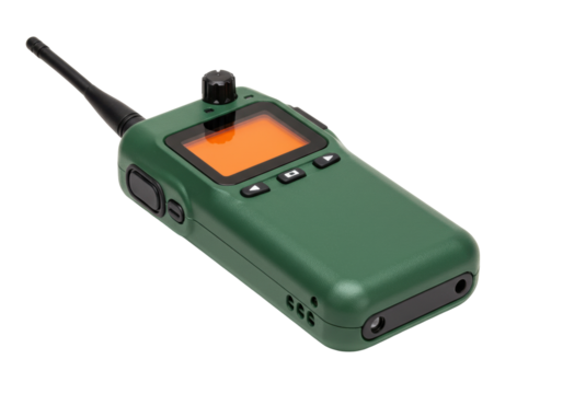 Isolated modern green walkie talkie for outdoor communication and portable radio use - Powered by Adobe