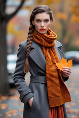 Fototapeta premium lady in coat and vivid orange scarf, with braided hair and maple leaf in hand, autumn outdoors scene