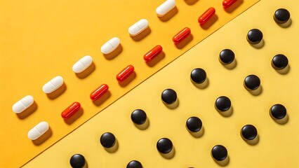 Colorful pills and capsules arranged in pattern on yellow background
