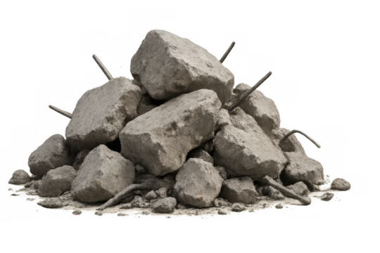 Rubble pile with rebar. Demolition debris from ruined concrete structure on transparent background