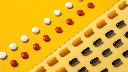 Colorful pills and capsules arranged in pattern on yellow background
