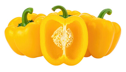 Several whole and halved bright yellow bell peppers sit clustered together against a black background