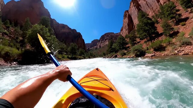 First person view kayaking through whitewater rapids in river canyon. Orange kayak navigates turquoise rushing water between towering red rock cliffs with green trees. Adventure sport outdoor