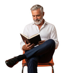 Senior man with gray beard reading a book while sitting on a chair isolated on transparent background