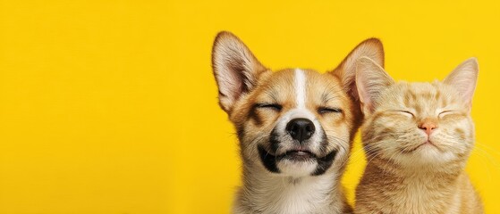 Dog and Cat Snuggling Together Close Up on Yellow Background Studio Shot Pets Bonding Friendship Adorable Cute Animals Smiling