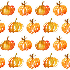 Seamless watercolor pattern with hand-painted pumpkins. Perfect for autumn, Thanksgiving, and fall-themed designs.