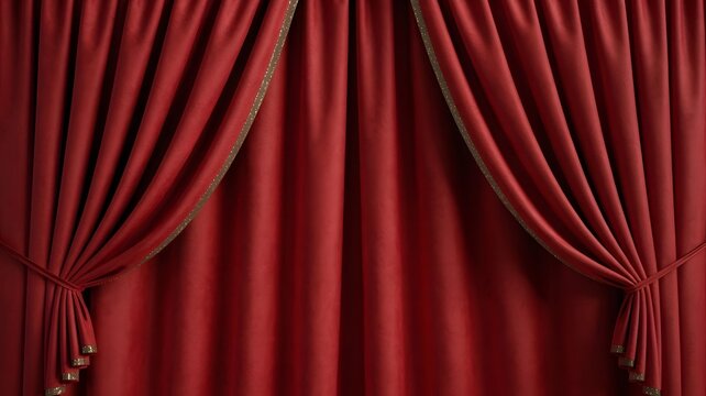 Elegant red velvet curtains with golden trim, tied back, creating a luxurious and festive background. Perfect for theater, Christmas, event design, copy space, and rich texture.