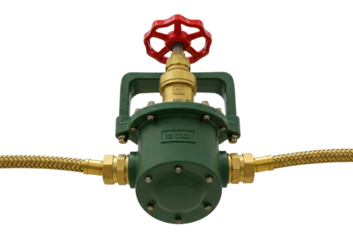 Isolated green industrial water meter with red handle, brass fittings and braided hoses
