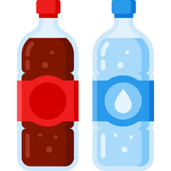 Two Soda Bottles One Dark Brown Liquid With Red Label And One Clear Blue Liquid With Blue Label Isolated On White Background With Water Drop Symbol Flat Vector Illustration