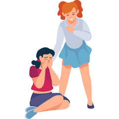 Two young women one comforting another who is distressed and crying with compassion and empathy against a clean white background