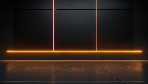 Dark futuristic room interior: modern black wall with warm accent lighting