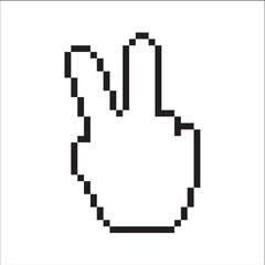 Fototapeta premium Pixelated hand cursor making a V sign, digital illustration on a white background