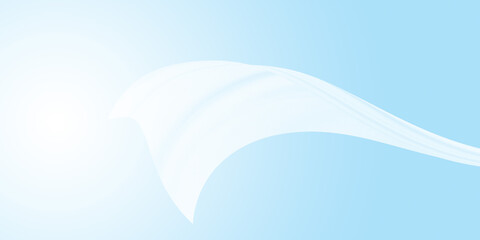 Minimalist serene abstract background dominated palette of soft light blue and white. Features single, graceful, curved element that resembles sheer fabric or ribbon flowing through the air