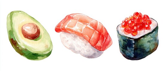 Watercolor Sushi Set Still Life Illustration of Avocado Salmon and Ikura on White Background Food Art Isolated