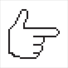 Fototapeta premium A pixelated hand cursor pointing to the right, rendered in black lines against a white background, reminiscent of early computer graphics