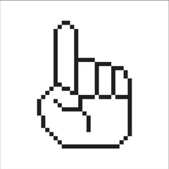 Pixelated hand cursor pointing upwards, isolated on white background, indicating number one or attention