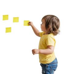 Young child in yellow shirt placing sticky notes on a dark surface isolated on transparent background