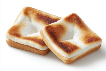 Fototapeta premium Two Square Toasted Marshmallow Sandwiches Close Up Still Life on White Background Studio Shot Food Photography