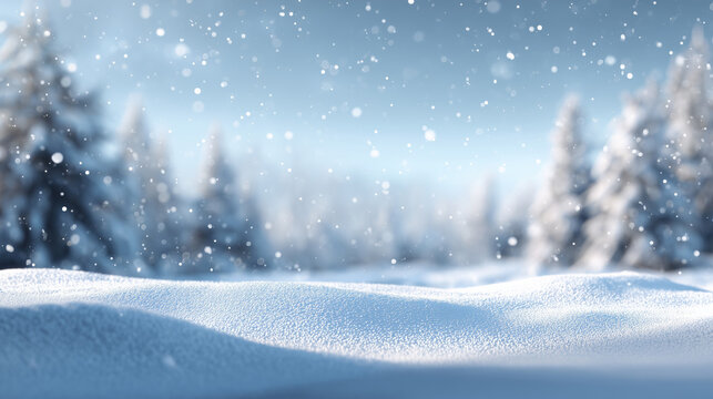 Fototapeta Pristine and Serene Winter Landscape Background with Fresh Snow, Falling Snowflakes, and Forest