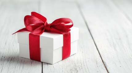 White Gift Box with Red Ribbon on White Wood Tabletop Holiday Present Celebration Still Life