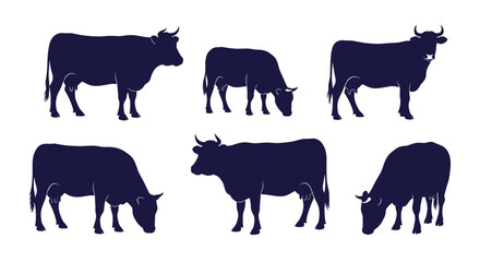 Silhouette of Six Cows Grazing on White Background.