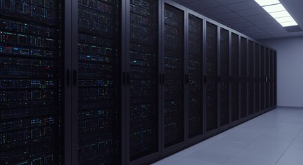 Server room with rows of black server racks