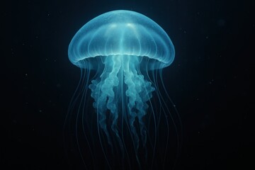 Obraz premium Luminescent jellyfish gracefully floats in deep ocean, tentacles trailing below