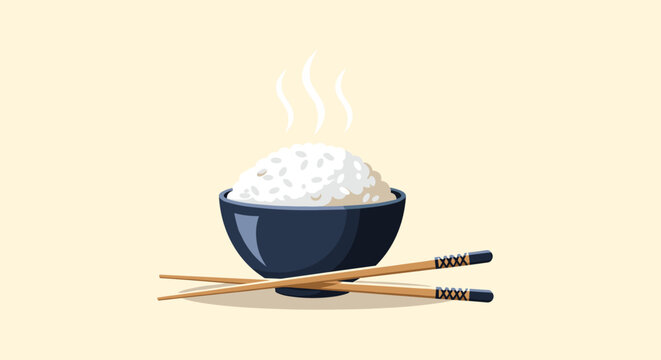 Steaming bowl of rice with chopsticks ready to eat.
