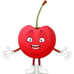 Cheerful Cartoon Cherry Character With A Wide Smile Open Arms And Excited Eyes On A Transparent Background