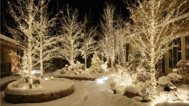 Winter wonderland landscape with trees wrapped in Christmas lights creating a magical scene outdoor at night