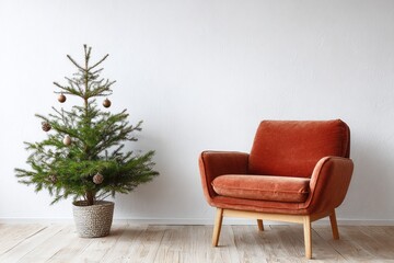 Decorated evergreen tree and plush armchair stand on wooden floor.