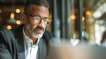 Fototapeta premium A thoughtful professional man with glasses works in a cafe by the window