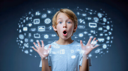 Surprised child interacting with digital icons representing various online activities