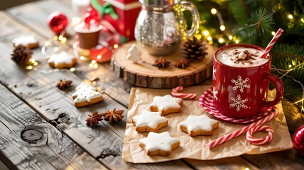 Cozy Christmas hot chocolate, festive gingerbread cookies, candy canes, warm string lights, rustic wooden background, holiday treats, winter decor, joyful atmosphere, delicious snack, copy space.