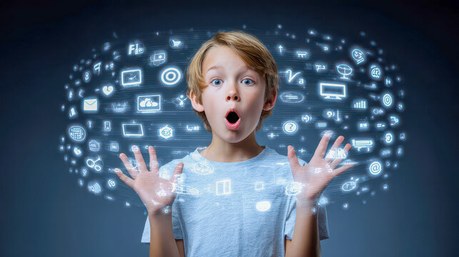 Surprised child interacting with digital icons representing various online activities - Powered by Adobe