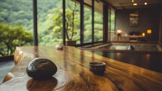 Serene Onsen Retreat: Stone, Tea, and Tranquil Mountain View from Japanese Hot Spring Resort Interior