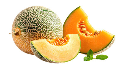 Cantaloupe with slices and mint cantaloupe with textured rind alongside bright orange segments against a black background
