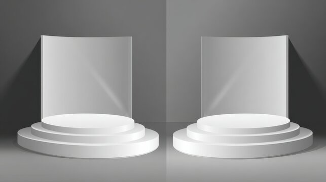 Two identical white circular podiums with tiered platforms and a backdrop against a grey background