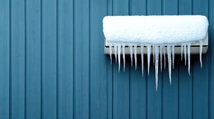 Snow-covered air conditioner with icicles on an industrial building's wall during winter's chill