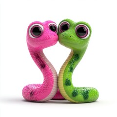 Fototapeta premium Two cartoon snakes one pink and one green with large eyes nuzzling affectionately on a white background