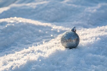 Elegant silver Christmas ornament on sparkling winter snow background, festive holiday decor, luxury design, modern texture, serene seasonal mood with golden bokeh and copy space.
