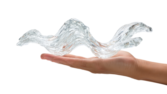 Hand Holding a Clear Abstract Glass Sculpture on White - Powered by Adobe