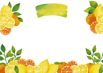 水彩風 冬の柑橘類（レモン・ミカン）フレーム Winter Fruits Series:Watercolor winter citrus (lemon, mandarin orange) frame