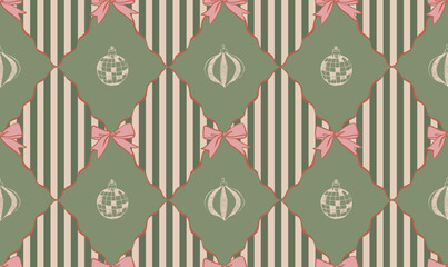 Vintage christmas seamless pattern with geometric shapes, striped background and pink bows. Perfect for holiday wrapping paper, gift packaging, winter greeting cards, fabric prints